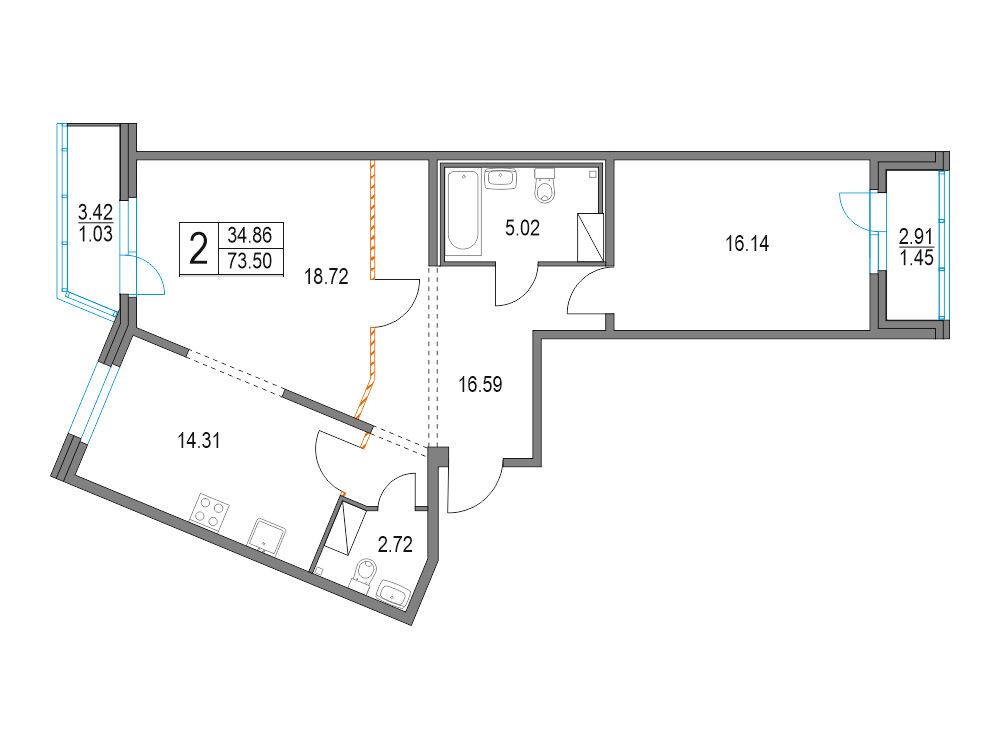 Планировка: 2-комн. квартира 73.50 м² в новостройке Приморский квартал