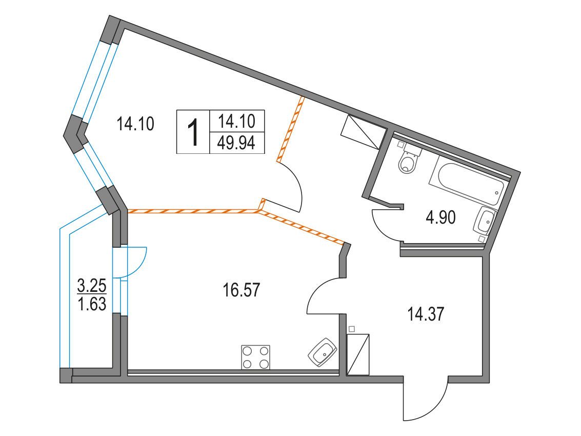 Планировка: 1-комн. квартира 49.94 м² в новостройке Приморский квартал
