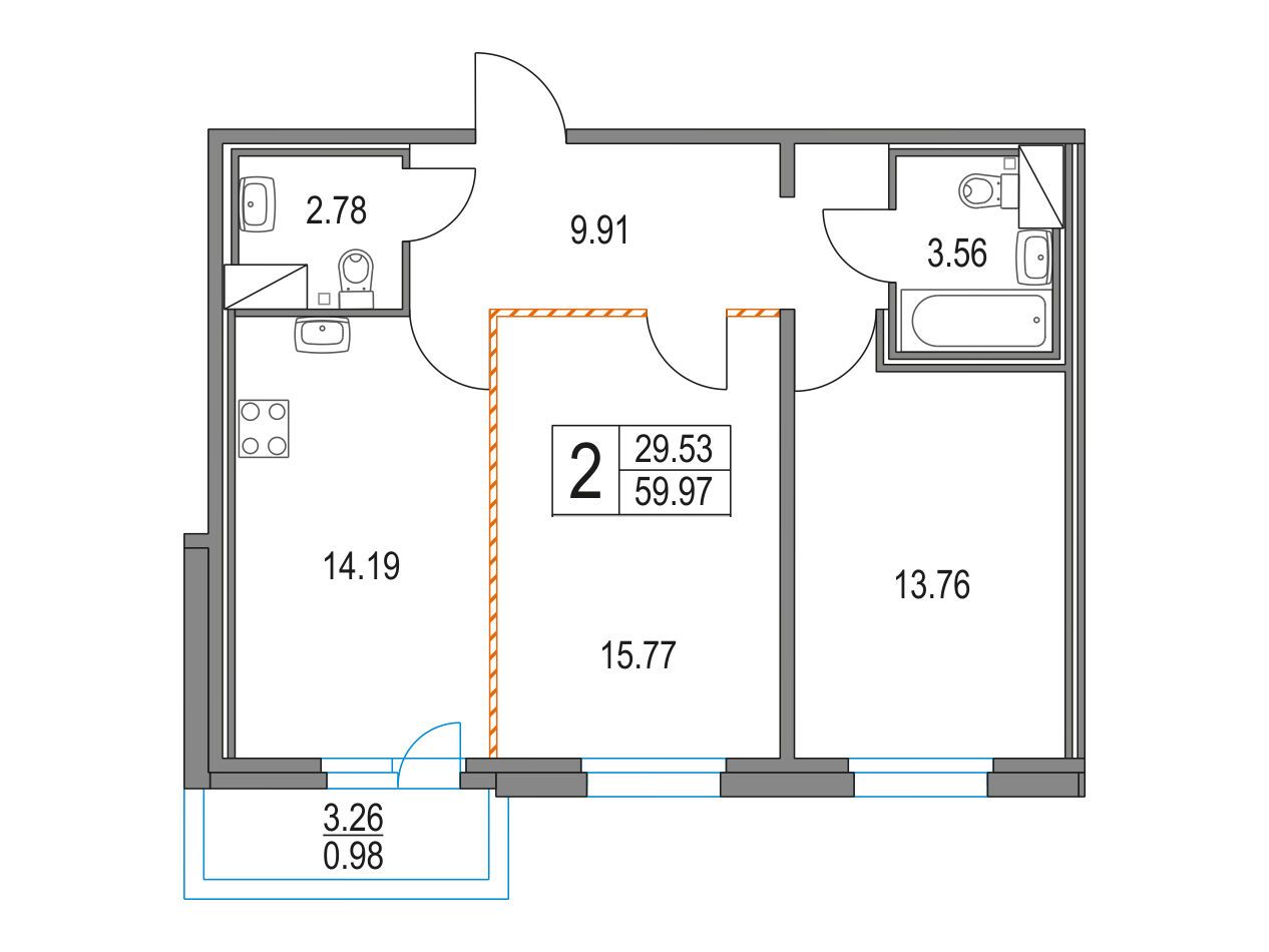 Планировка: 2-комн. квартира 59.97 м² в новостройке Приморский квартал