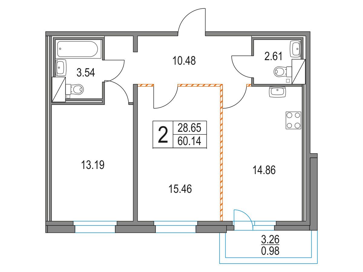 Планировка: 2-комн. квартира 60.14 м² в новостройке ЖК Приморский квартал