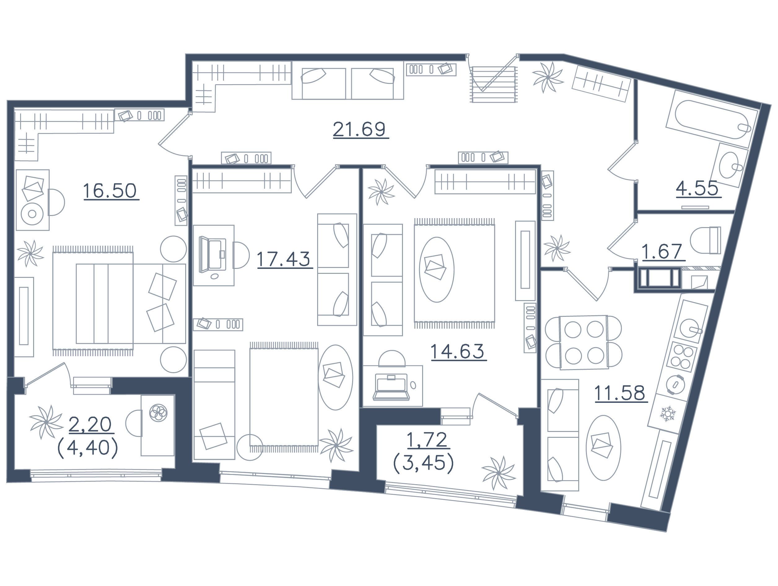 Планировка: 3-комн. квартира 91.97 м² в новостройке Мир внутри