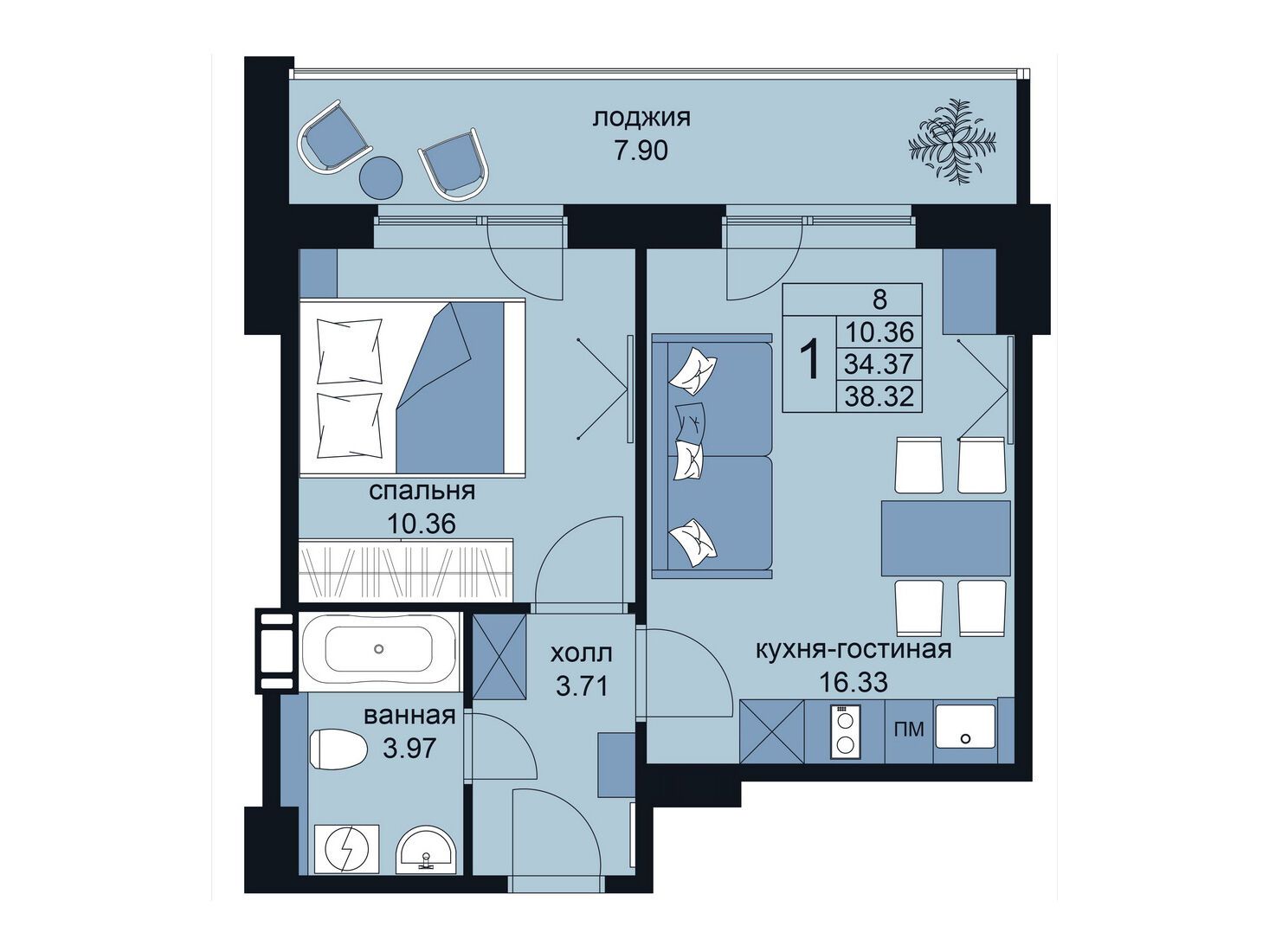 Планировка: 1-комн. квартира 39.50 м² в новостройке Вингс на Крыленко