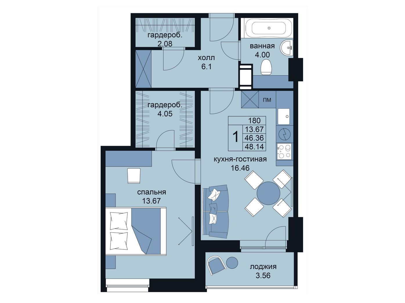 Планировка: 1-комн. квартира 48.00 м² в новостройке Вингс на Крыленко