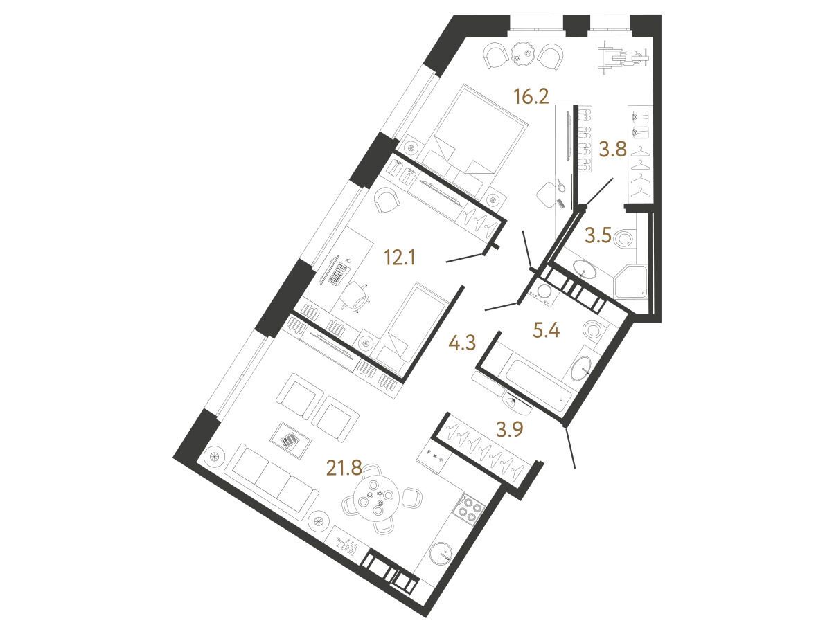 Планировка: 2-комн. квартира 71.00 м² в новостройке Куинджи
