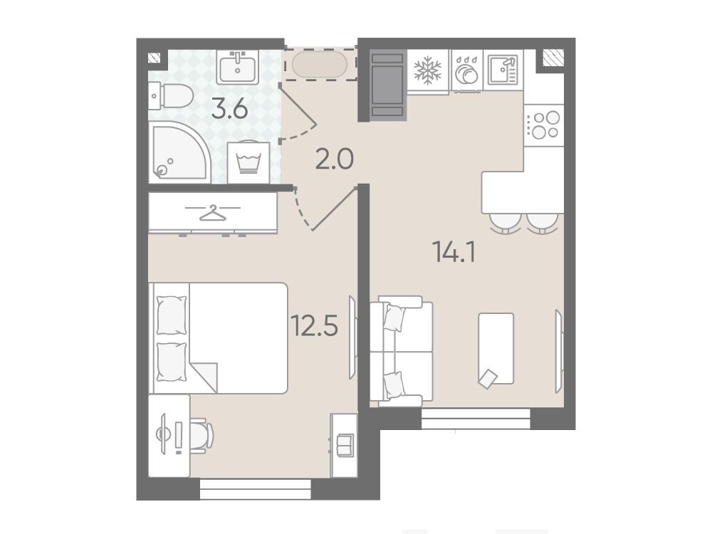 Планировка: 1-комн. квартира 32.20 м² в новостройке Пейзажный квартал