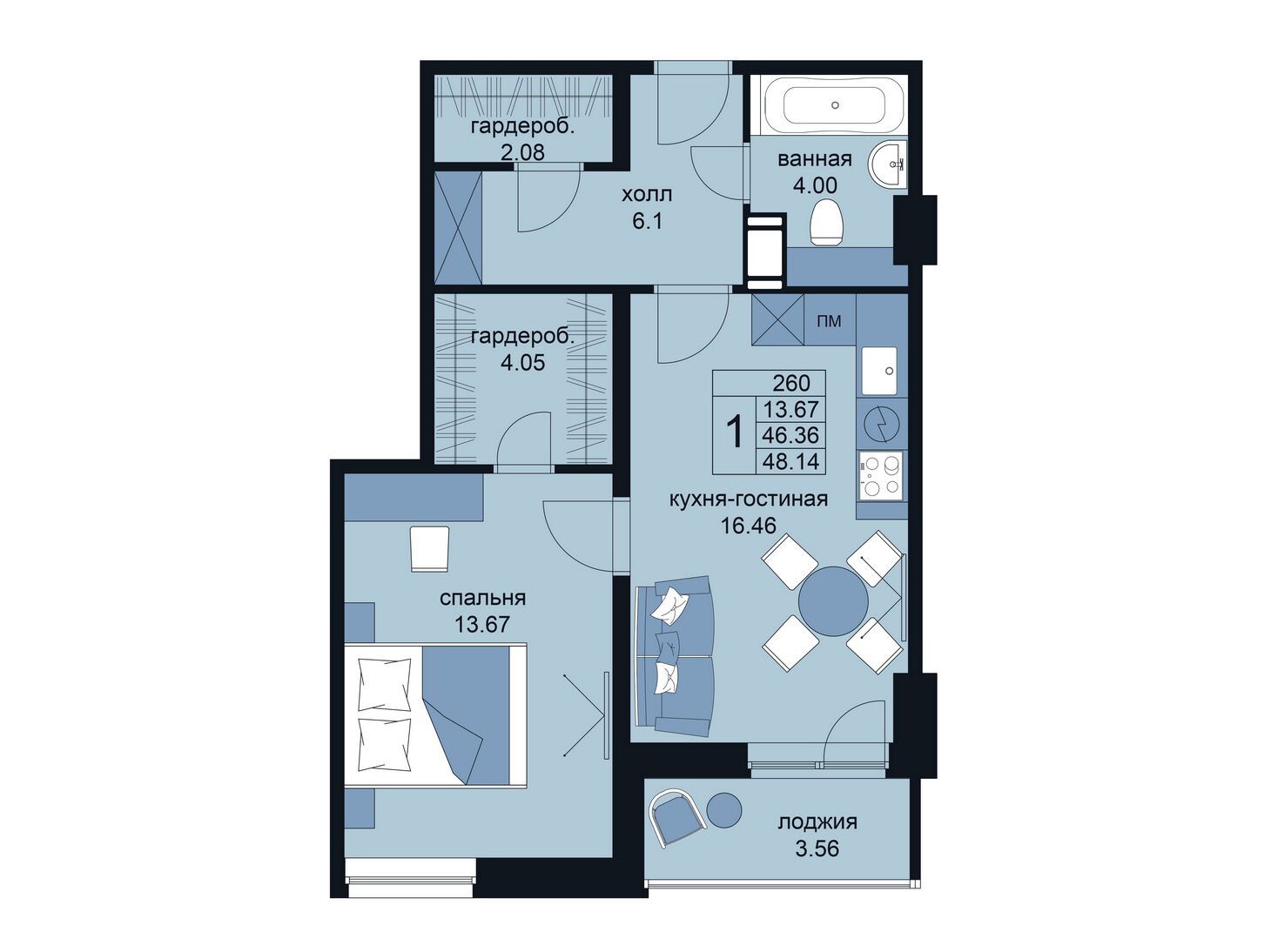 Планировка: 1-комн. квартира 47.80 м² в новостройке Вингс на Крыленко