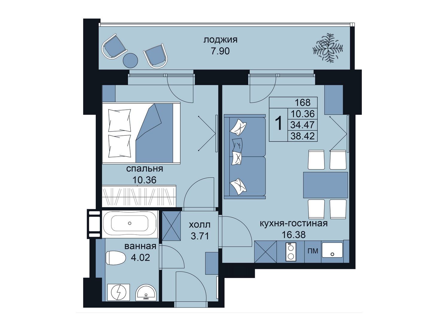 Планировка: 1-комн. квартира 41.10 м² в новостройке ЖК Вингс на Крыленко