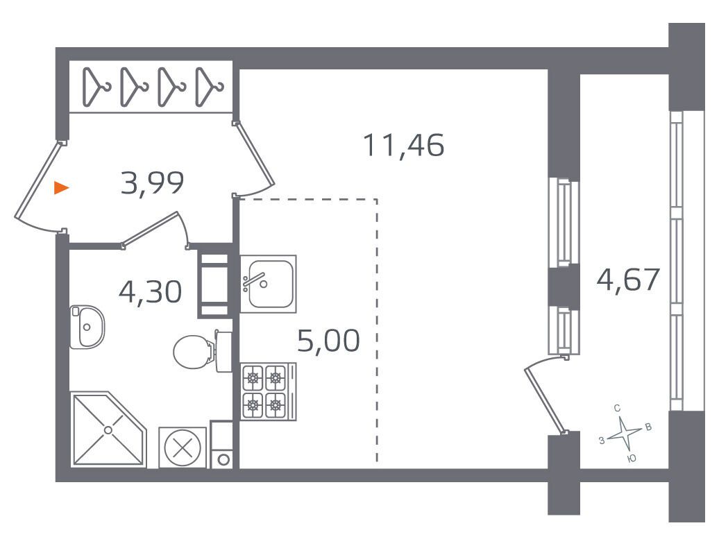 Планировка: Студия 24.75 м² в новостройке Квартал Б15