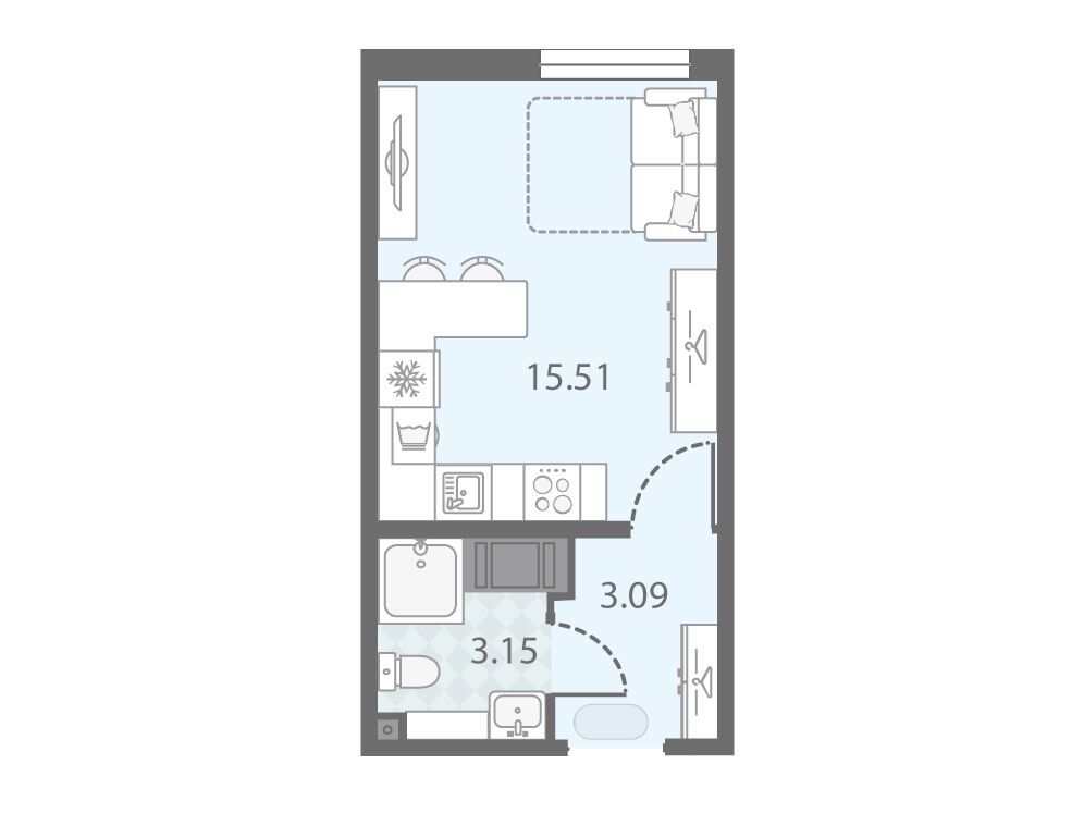 Планировка: Студия 21.75 м² в новостройке Морская миля