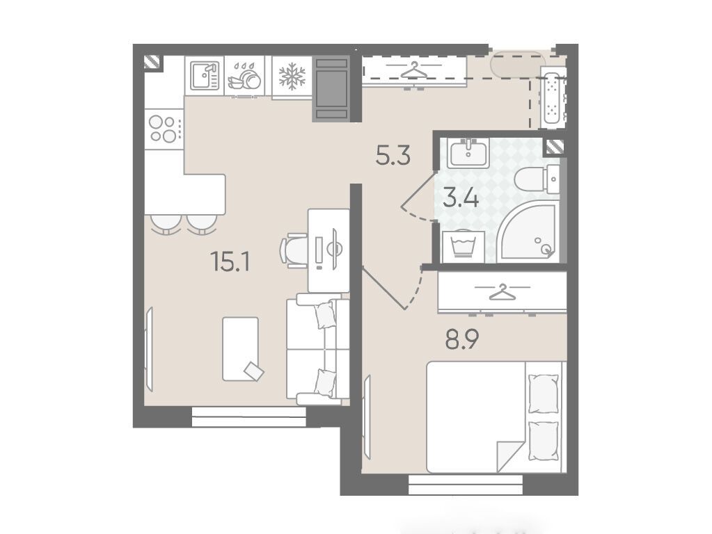 Планировка: 1-комн. квартира 32.70 м² в новостройке Пейзажный квартал