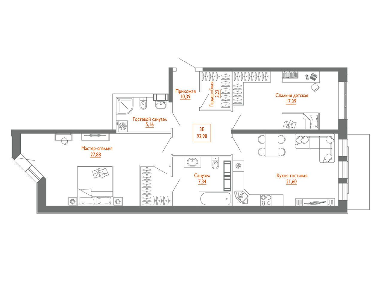 Планировка: 2-комн. квартира 93.40 м² в новостройке Монодом Лайн