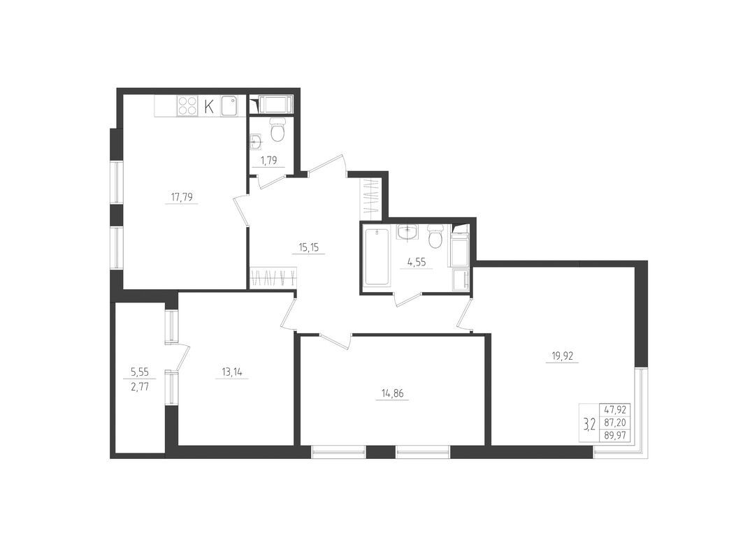 Планировка: 3-комн. квартира 89.97 м² в новостройке Новикола