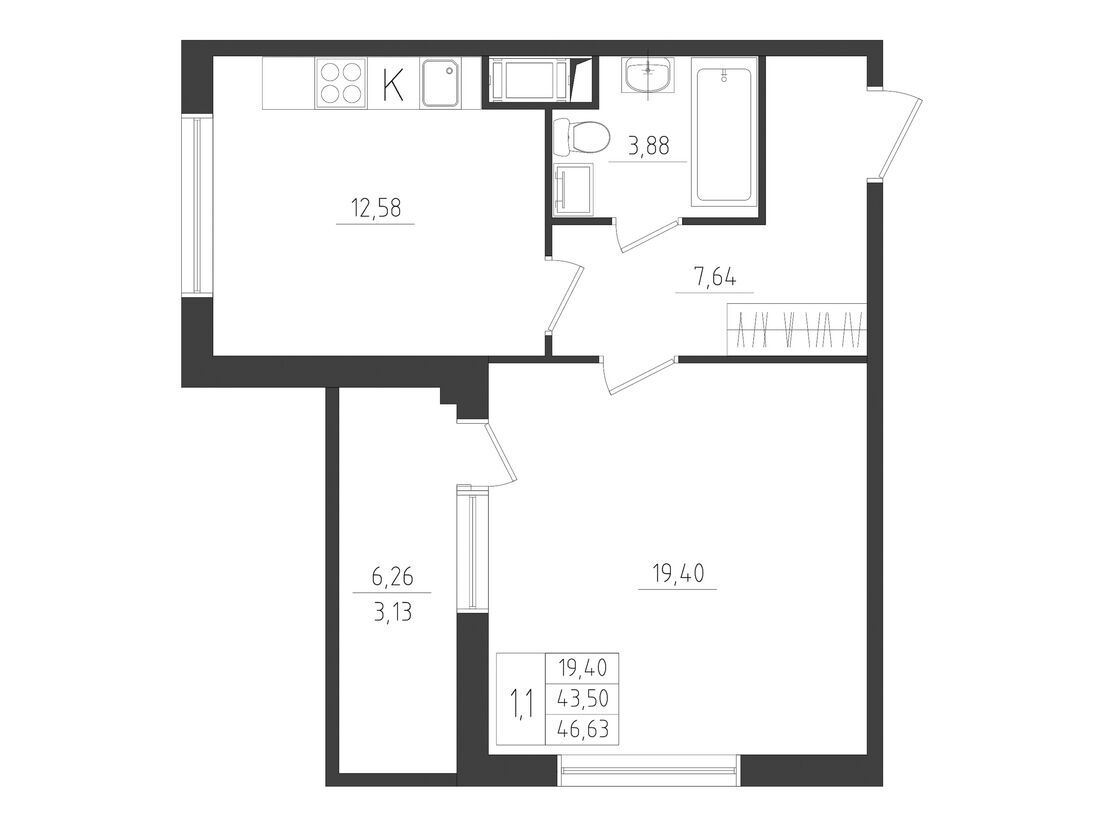 Планировка: 1-комн. квартира 46.63 м² в новостройке Новикола