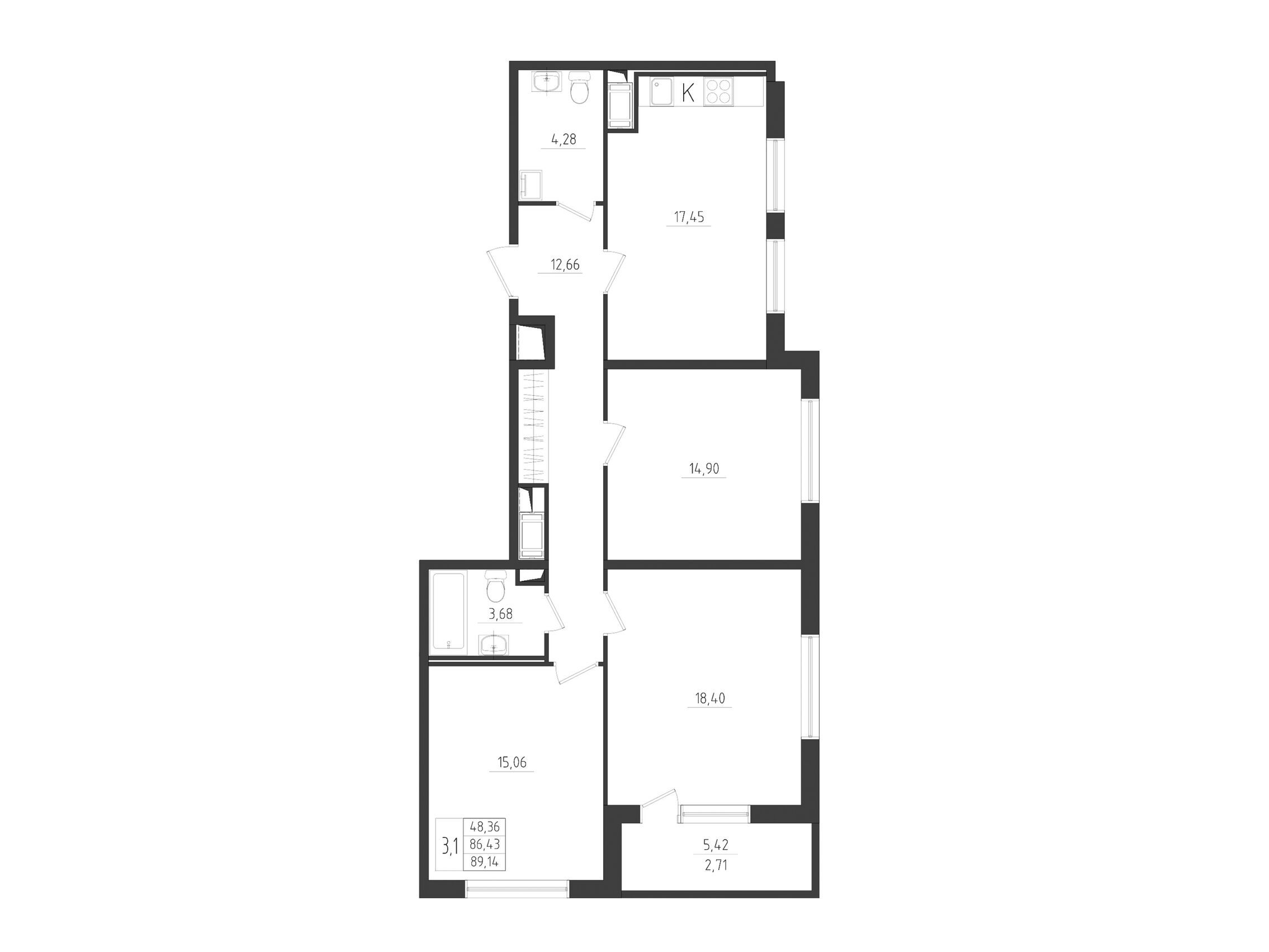 Планировка: 3-комн. квартира 89.14 м² в новостройке Новикола