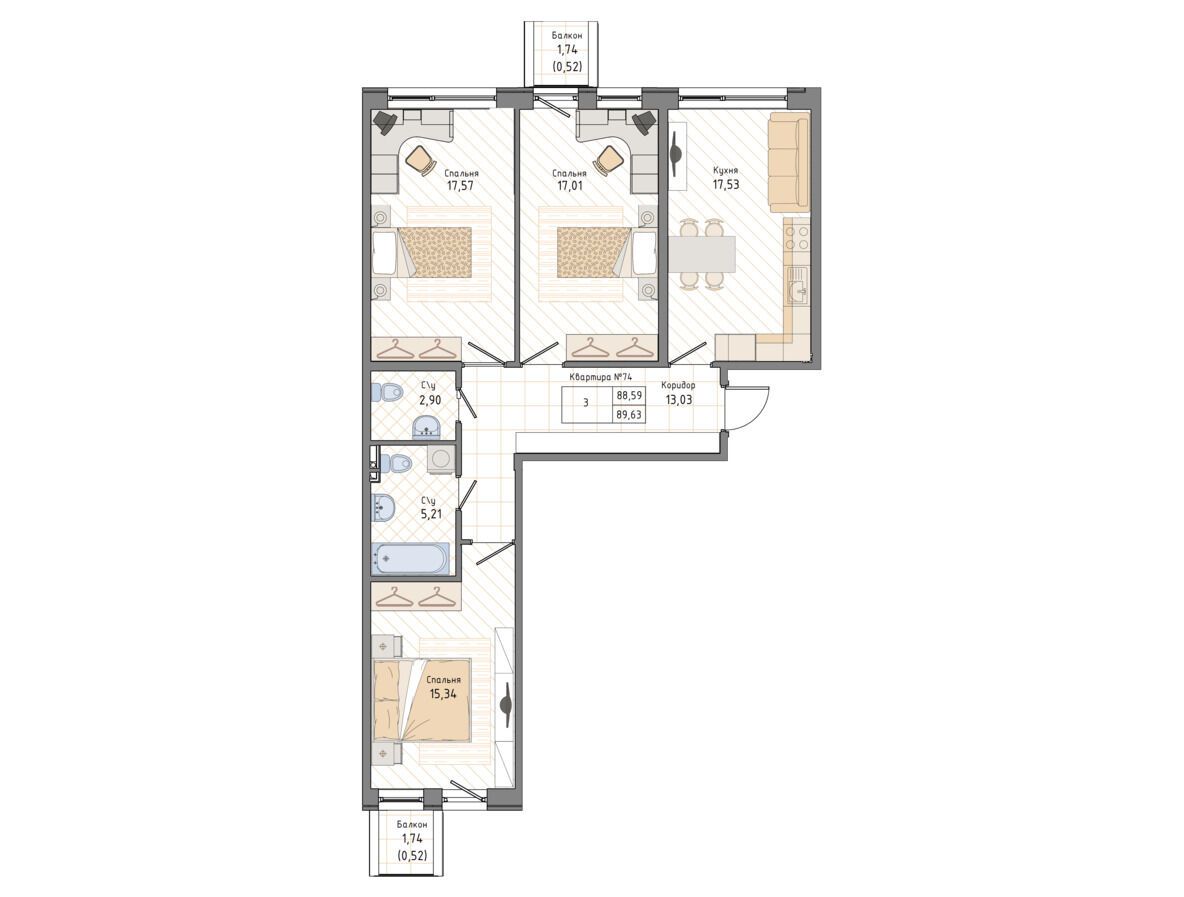 Планировка: 3-комн. квартира 90.60 м² в новостройке Мануфактура Джеймс Бэк