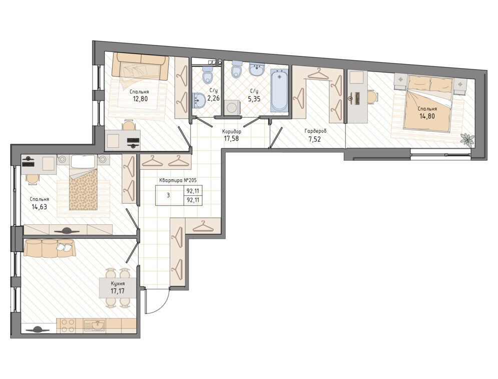 Планировка: 3-комн. квартира 92.90 м² в новостройке ЖК Мануфактура Джеймс Бэк