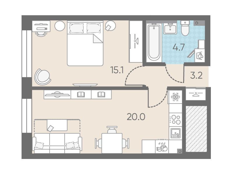 Планировка: 1-комн. квартира 43.00 м² в новостройке ЖК ЛСР Измайловский
