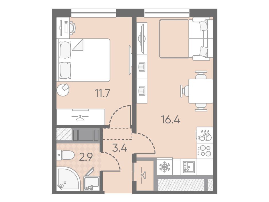 Планировка: 1-комн. квартира 34.40 м² в новостройке Октябрьская набережная