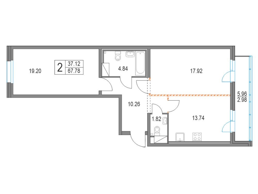 Планировка: 2-комн. квартира 67.80 м² в новостройке ЖК Приморский квартал