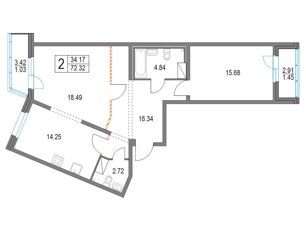 Планировка: 2-комн. квартира 72.10 м² в новостройке ЖК Приморский квартал