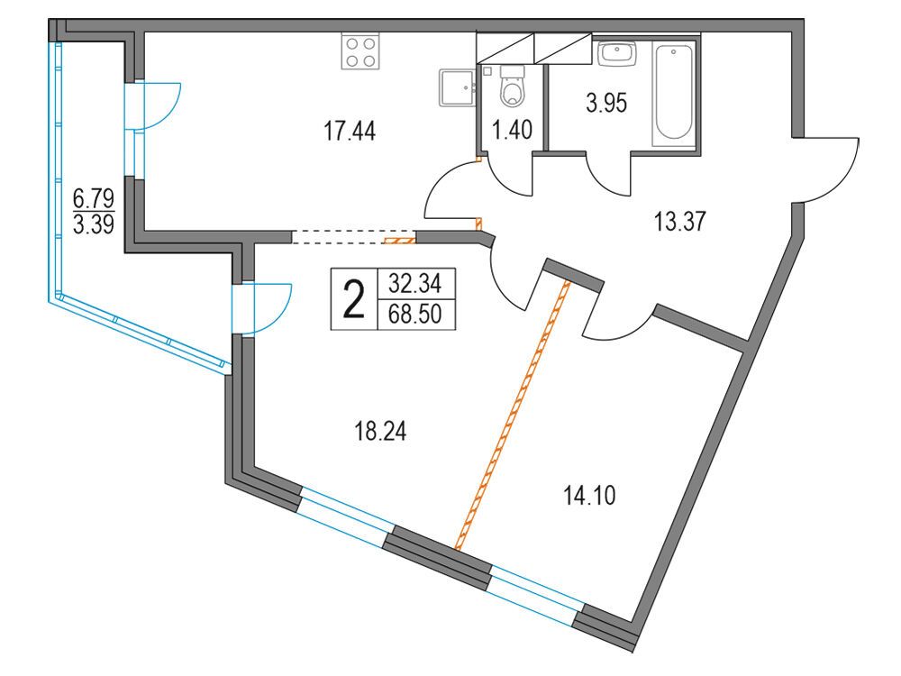 Планировка: 2-комн. квартира 68.60 м² в новостройке ЖК Приморский квартал