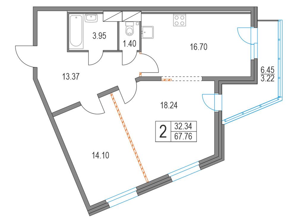 Планировка: 2-комн. квартира 67.70 м² в новостройке ЖК Приморский квартал