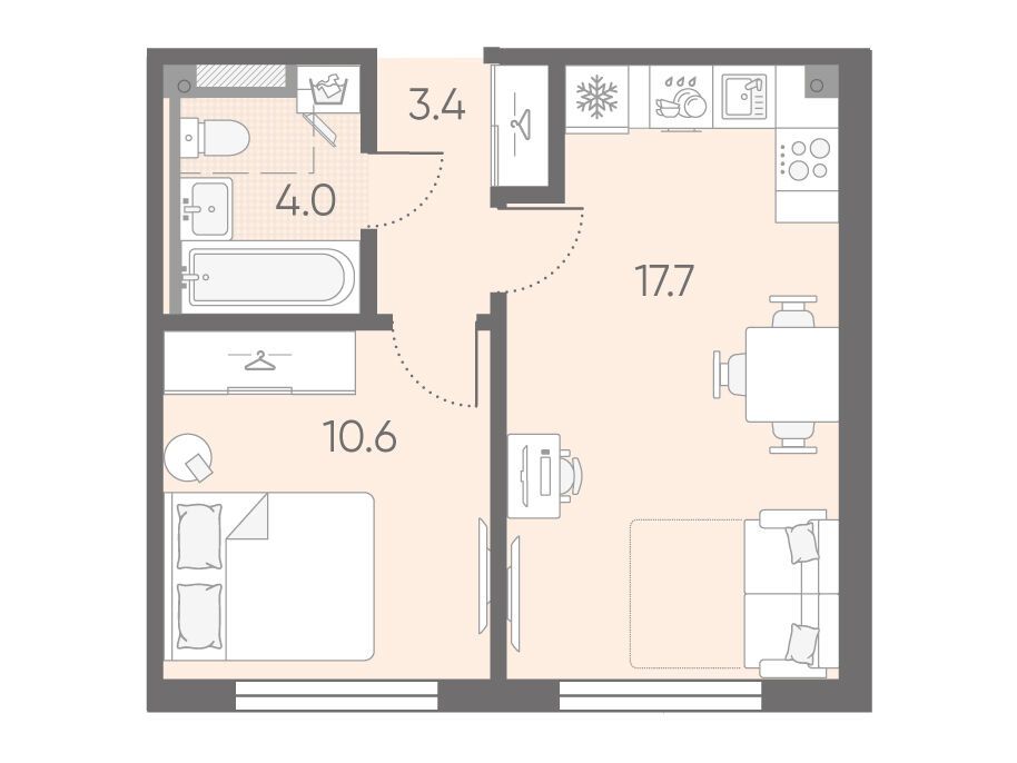 Планировка: 1-комн. квартира 35.70 м² в новостройке ЖК Пулково Лайк
