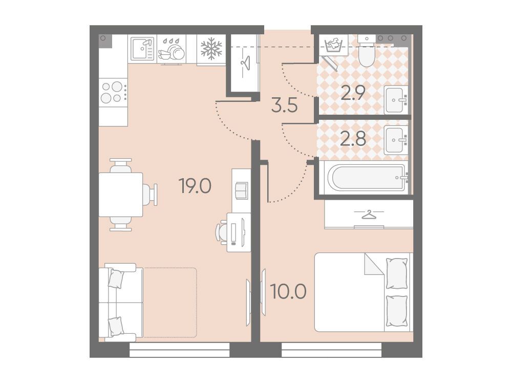 Планировка: 1-комн. квартира 38.20 м² в новостройке ЖК Пулково Лайк