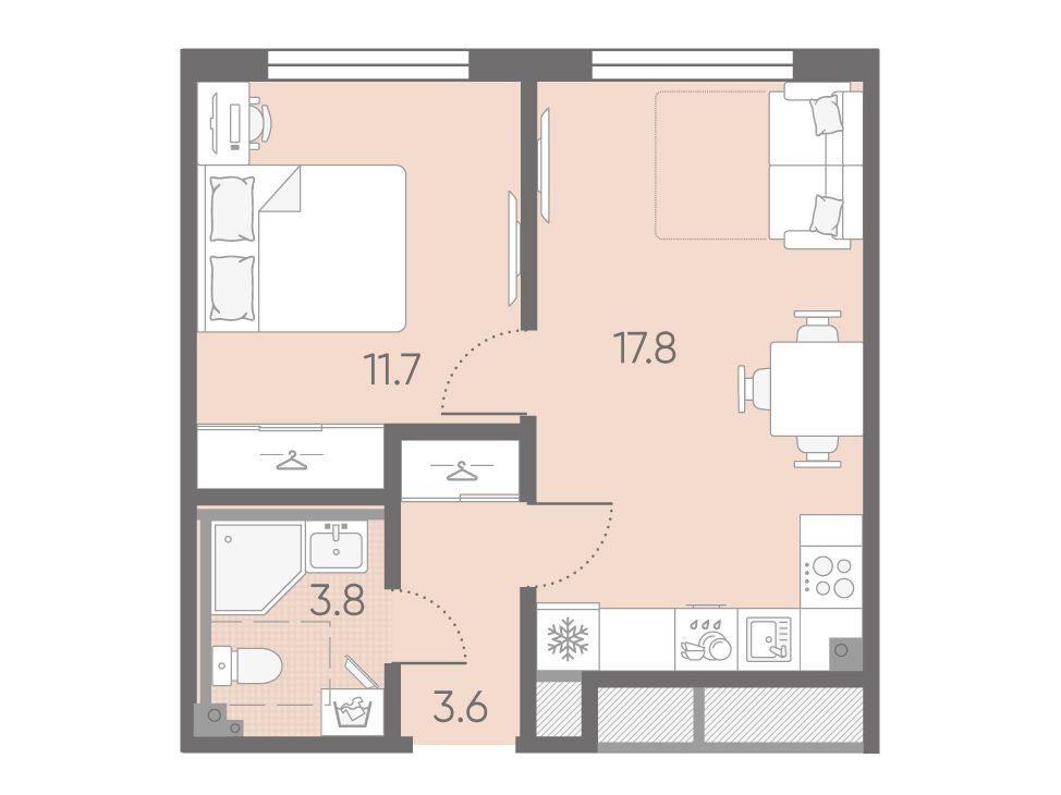 Планировка: 1-комн. квартира 36.90 м² в новостройке Пулково Лайк