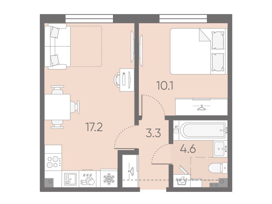 Планировка: 1-комн. квартира 35.20 м² в новостройке Пулково Лайк
