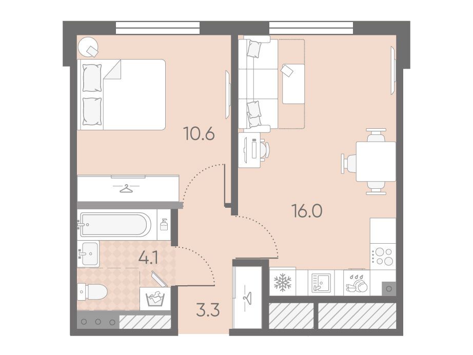 Планировка: 1-комн. квартира 34.00 м² в новостройке Пулково Лайк