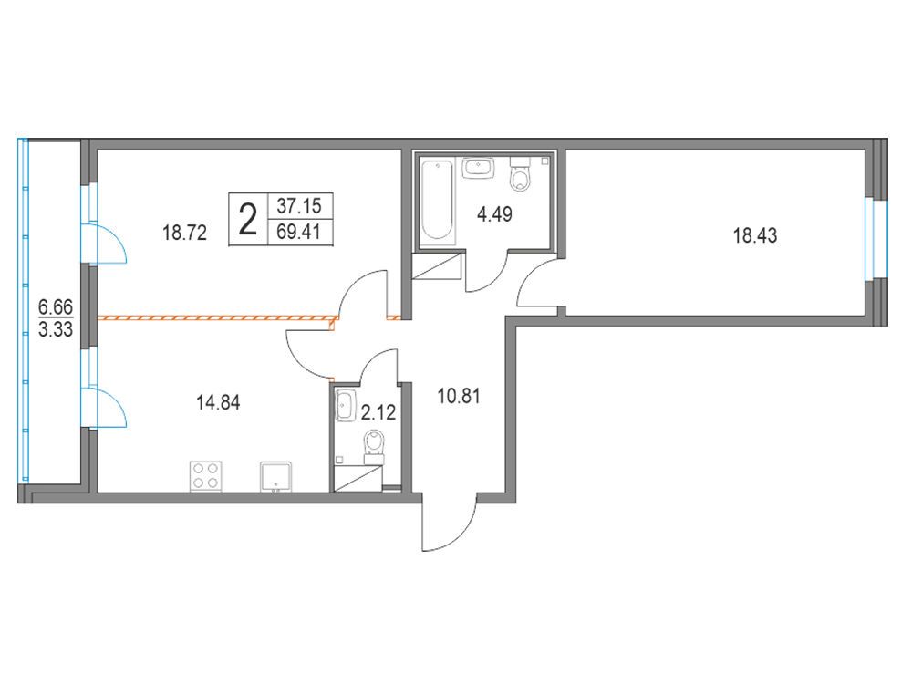 Планировка: 2-комн. квартира 69.30 м² в новостройке ЖК Приморский квартал