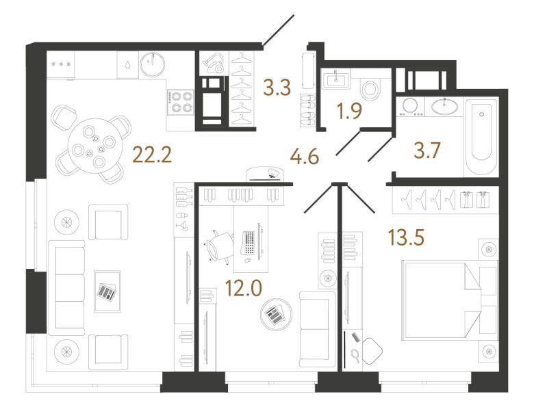 Планировка: 2-комн. квартира 61.20 м² в новостройке ЖК Литера