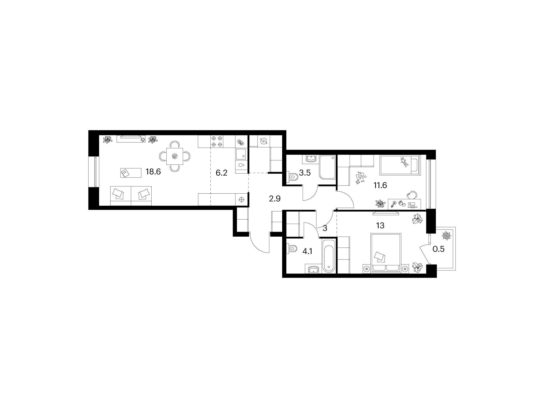 Планировка: 2-комн. квартира 71.60 м² в новостройке Шкиперский 19