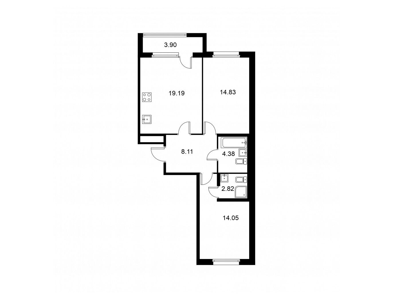 Планировка: 2-комн. квартира 65.33 м² в новостройке Квартал Заречье
