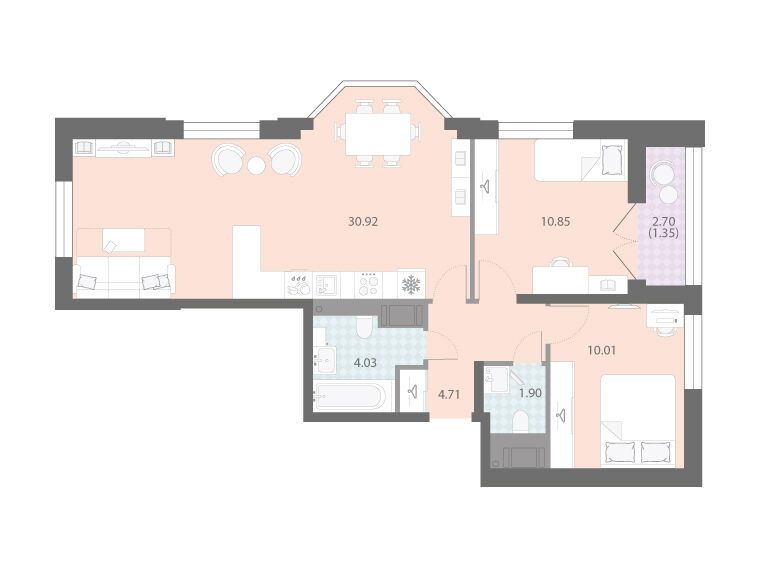 Планировка: 2-комн. квартира 63.77 м² в новостройке Цивилизация на Неве