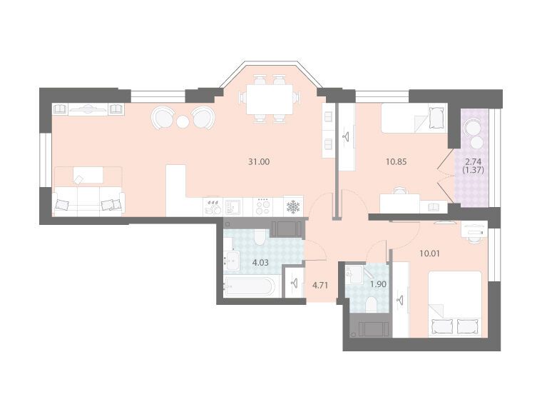 Планировка: 2-комн. квартира 63.87 м² в новостройке Цивилизация на Неве