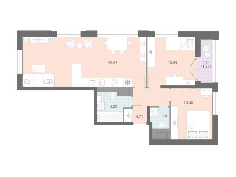 Планировка: 2-комн. квартира 61.47 м² в новостройке Цивилизация на Неве