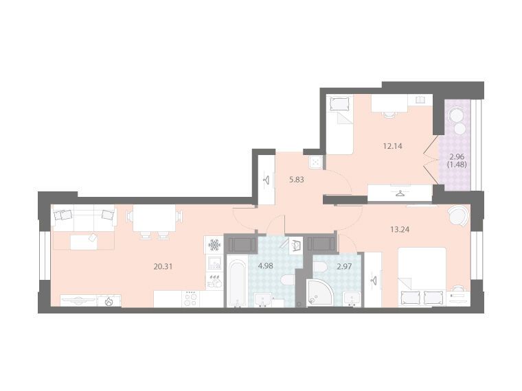 Планировка: 2-комн. квартира 60.95 м² в новостройке Цивилизация на Неве