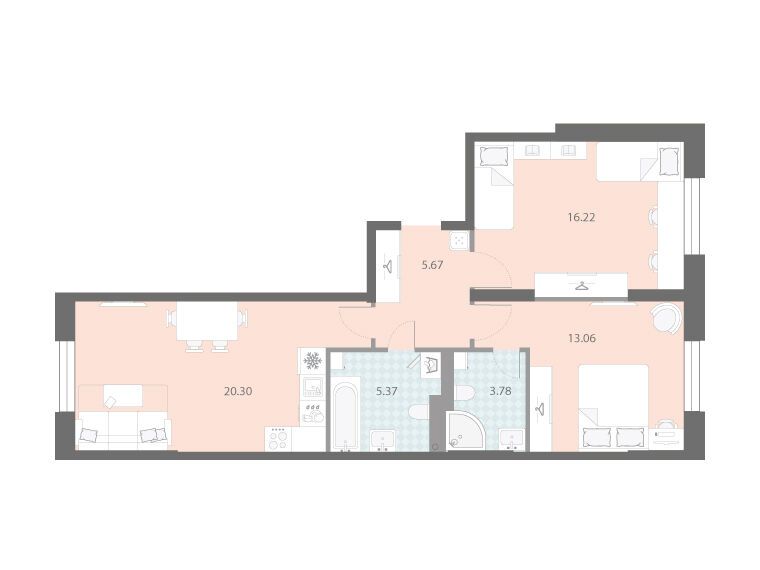 Планировка: 2-комн. квартира 64.40 м² в новостройке Цивилизация на Неве