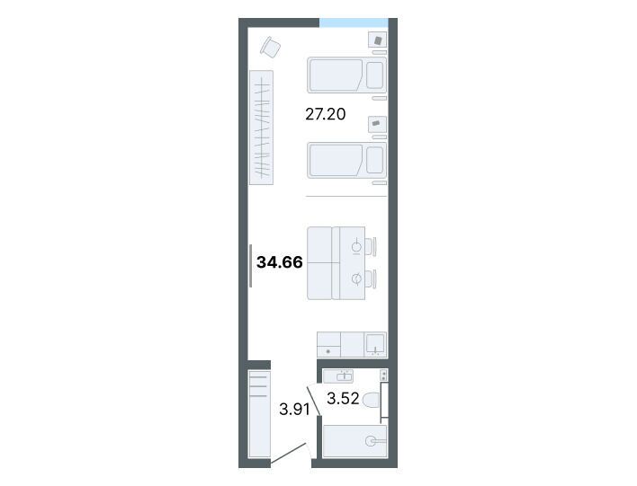 Планировка: Студия 34.66 м² в новостройке Лайф Апарт Октябрьская