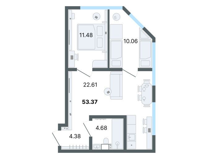 Планировка: 3-комн. квартира 53.37 м² в новостройке Лайф Апарт Октябрьская