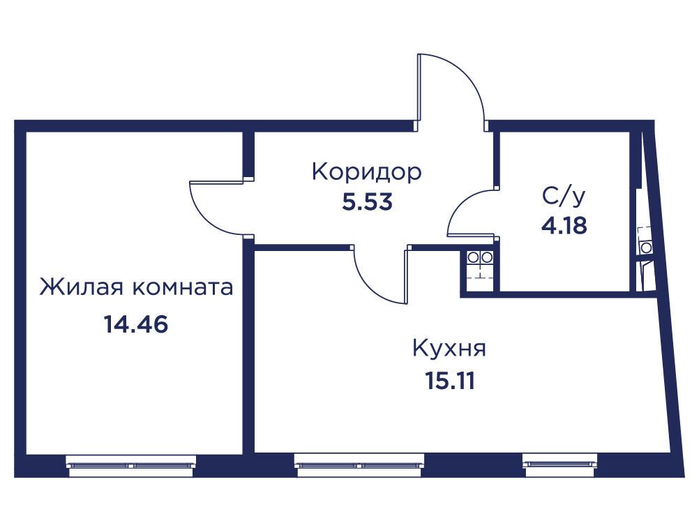 Планировка: 1-комн. квартира 39.28 м² в новостройке ЖК Кронфорт Центральный