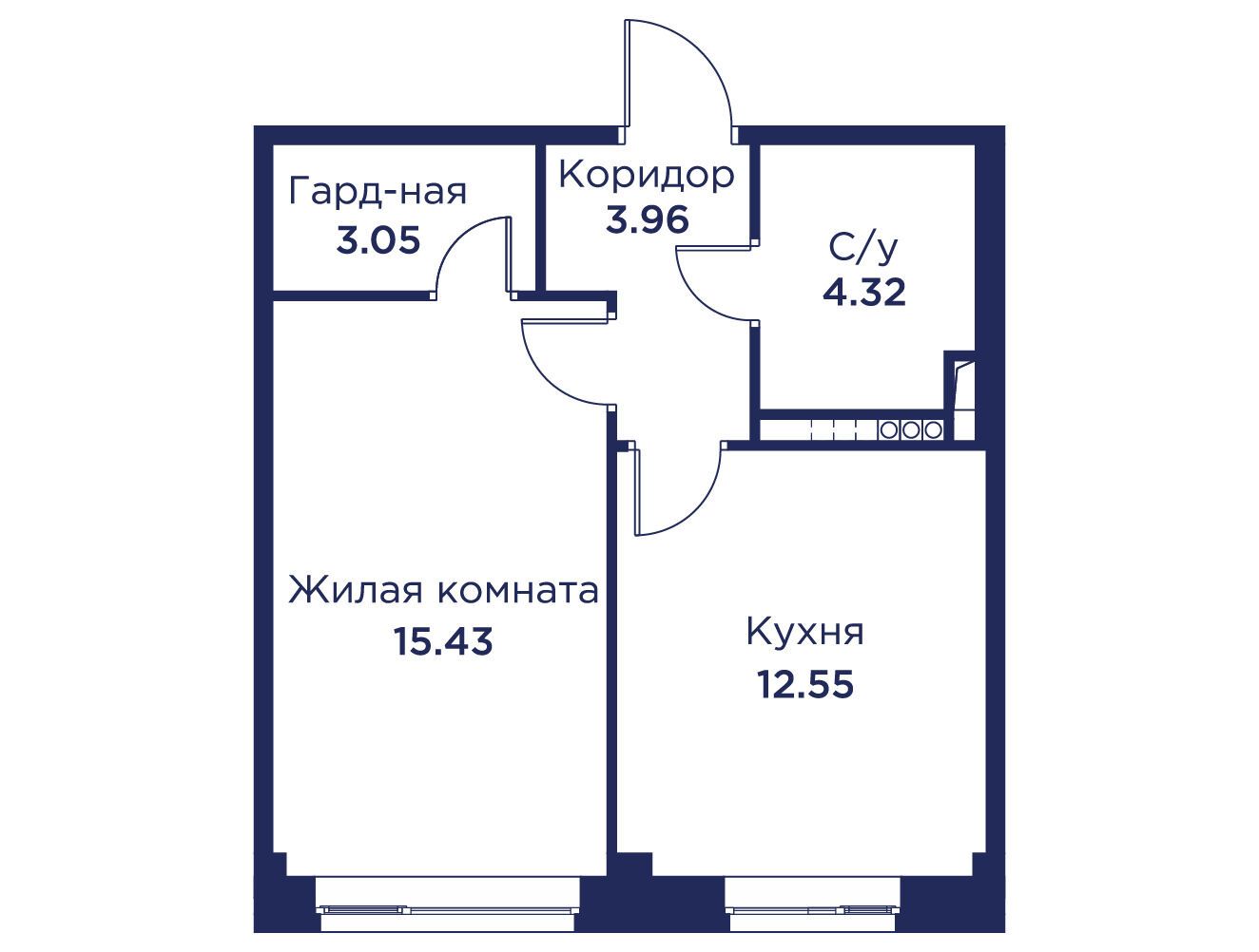 Планировка: 1-комн. квартира 39.31 м² в новостройке ЖК Кронфорт Центральный