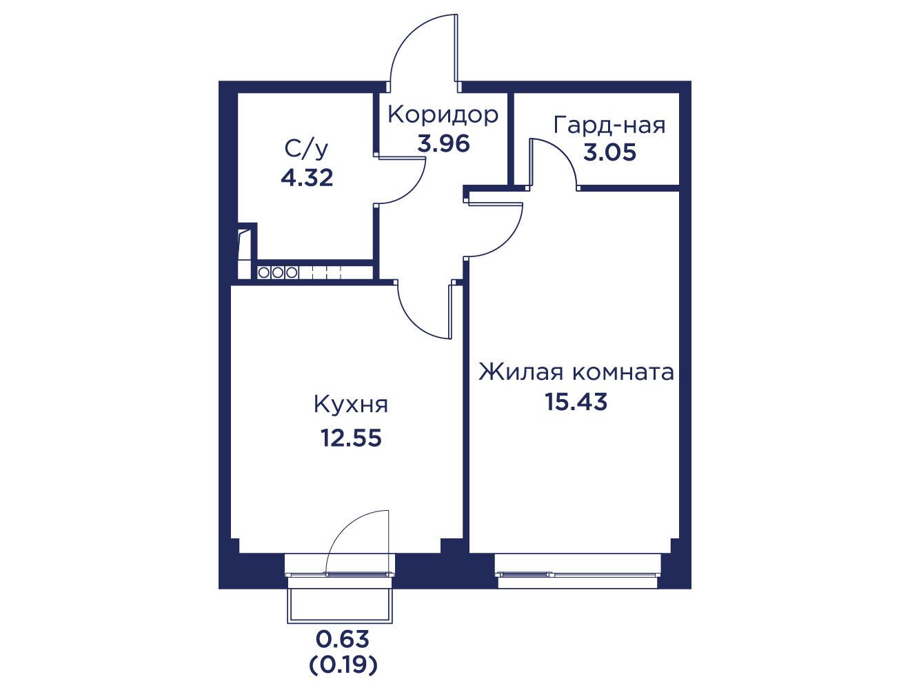 Планировка: 1-комн. квартира 39.50 м² в новостройке ЖК Кронфорт Центральный