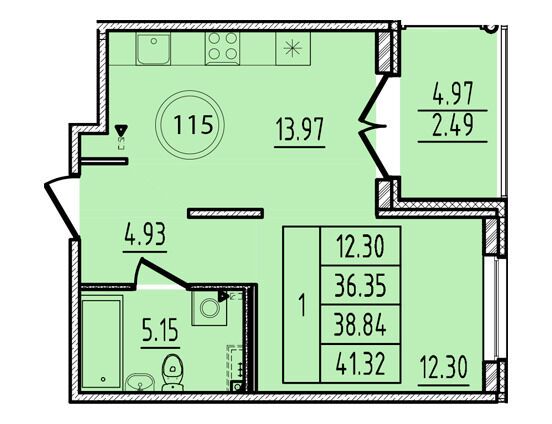 Планировка: 1-комн. квартира 36.35 м² в новостройке Образцовый квартал 14