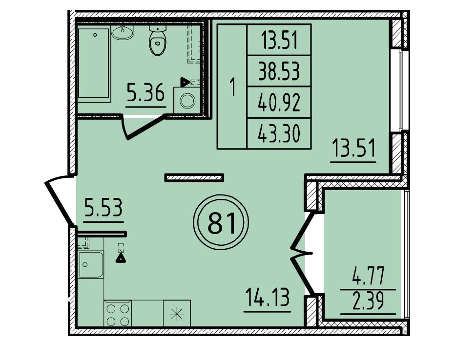 Планировка: 1-комн. квартира 38.53 м² в новостройке ЖК Образцовый квартал 14