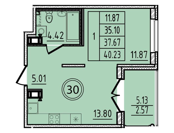 Планировка: 1-комн. квартира 35.10 м² в новостройке ЖК Образцовый квартал 14