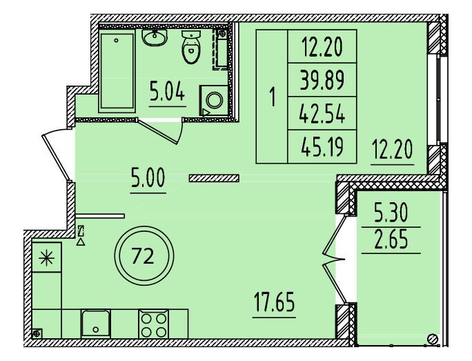 Планировка: 1-комн. квартира 39.89 м² в новостройке Образцовый квартал 14