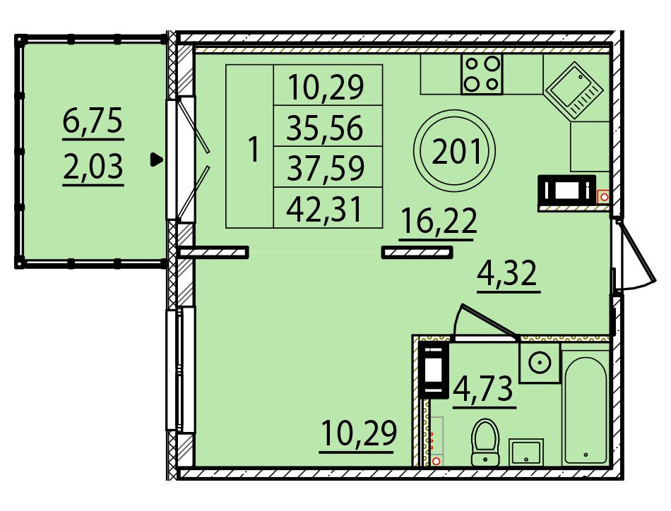 Планировка: 1-комн. квартира 35.56 м² в новостройке Образцовый квартал 15